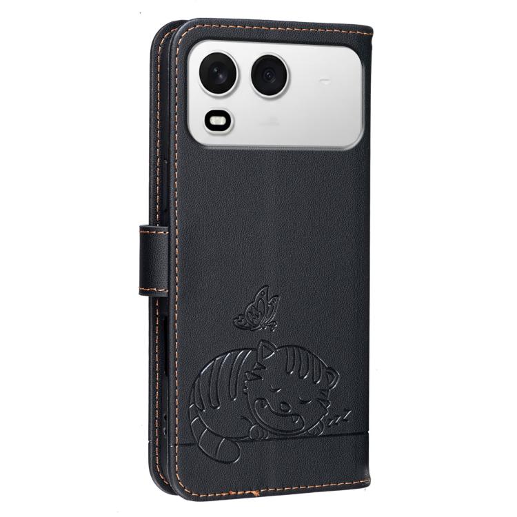 For Itel A200 4G Cat Butterfly Embossed RFID Vegan Leather Phone Case with Strap