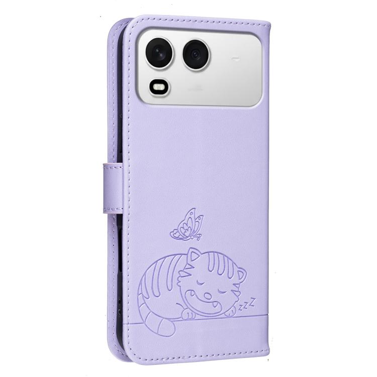 For Itel A200 4G Cat Butterfly Embossed RFID Vegan Leather Phone Case with Strap