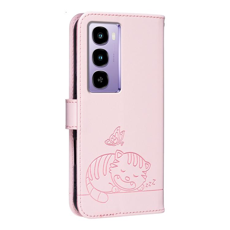 For Itel City 200 4G Cat Butterfly Embossed RFID Vegan Leather Phone Case with Strap