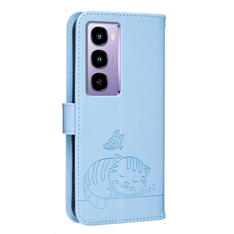 For Itel City 200 4G Cat Butterfly Embossed RFID Vegan Leather Phone Case with Strap