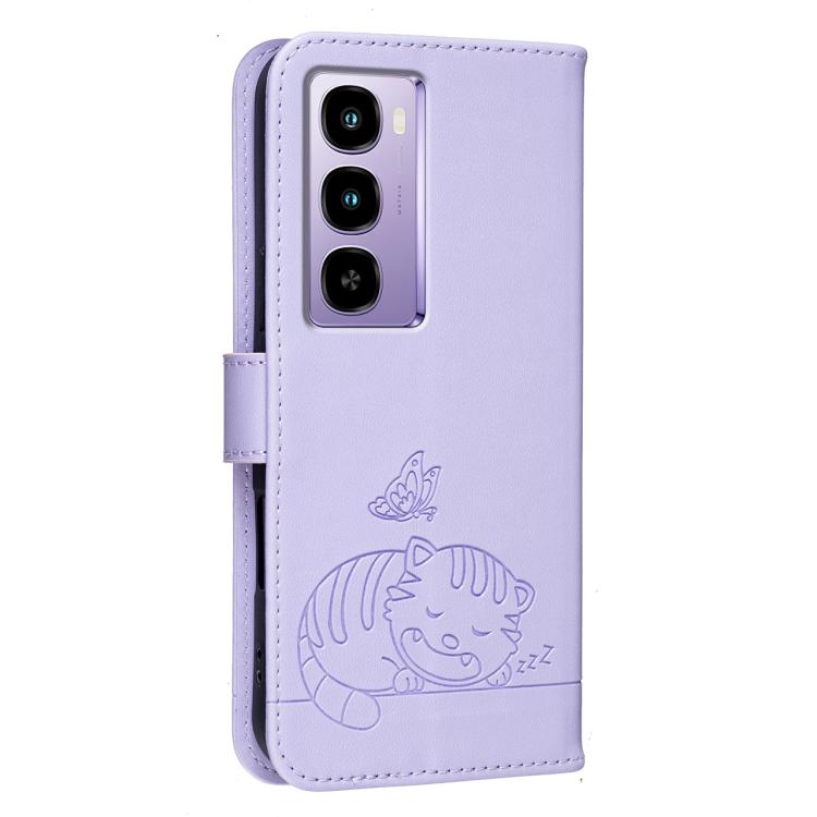For Itel City 200 4G Cat Butterfly Embossed RFID Vegan Leather Phone Case with Strap