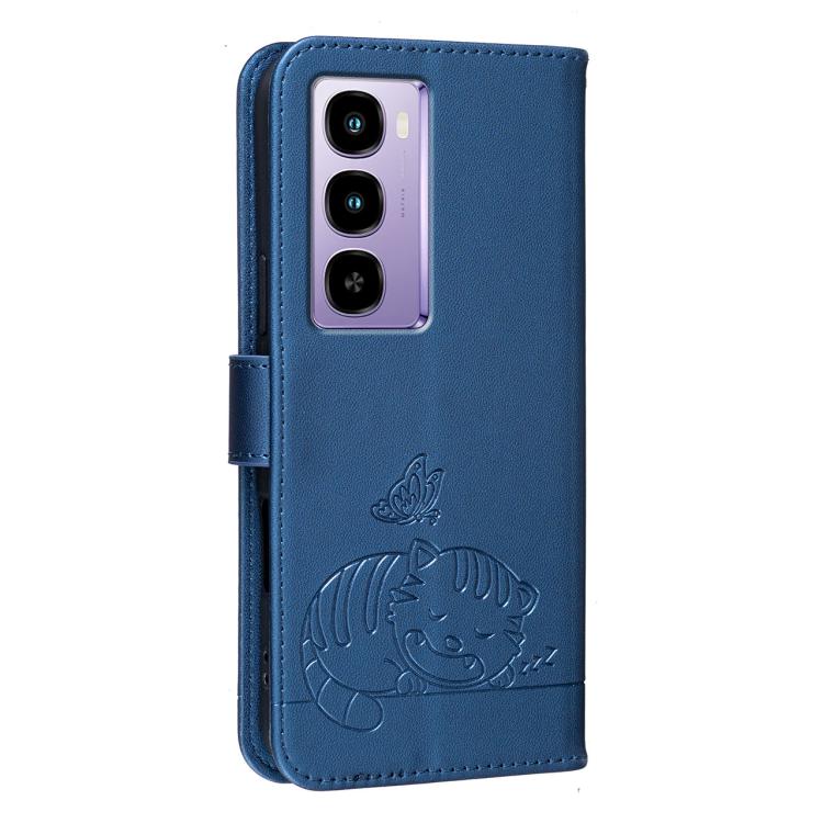 For Itel City 200 4G Cat Butterfly Embossed RFID Vegan Leather Phone Case with Strap