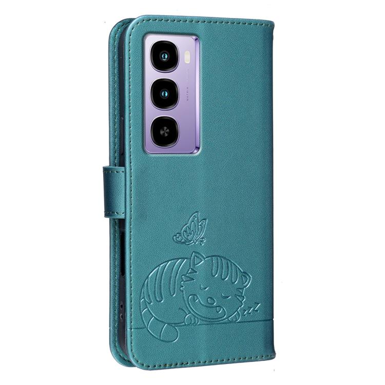 For Itel City 200 4G Cat Butterfly Embossed RFID Vegan Leather Phone Case with Strap