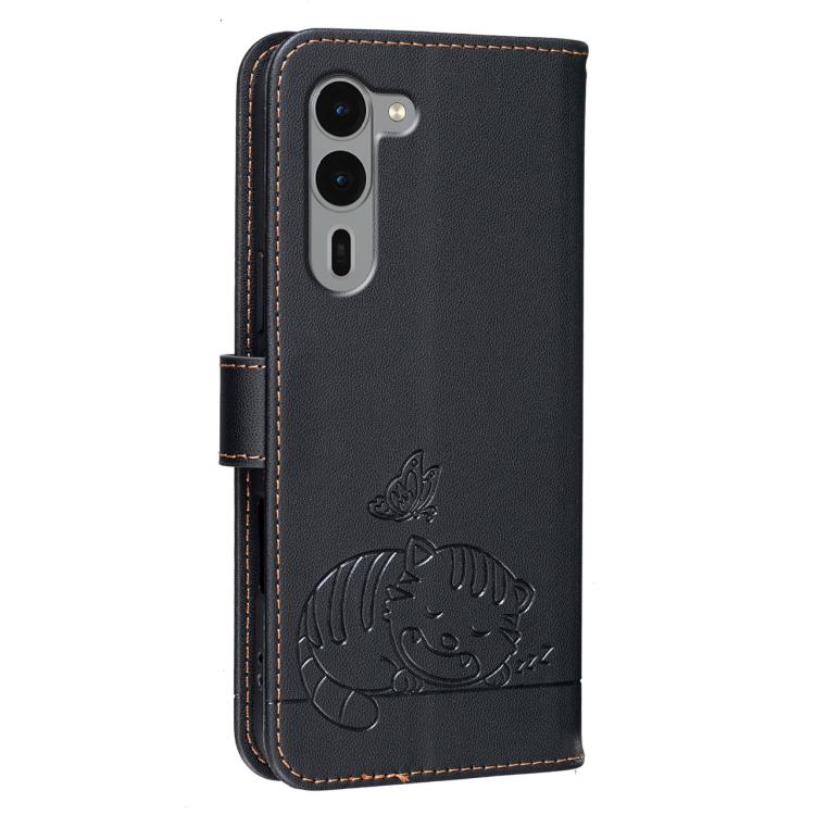 For Fujitsu Arrows We2 Plus / F-51E Cat Butterfly Embossed RFID Vegan Leather Phone Case with Strap