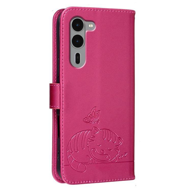 For Fujitsu Arrows We2 Plus / F-51E Cat Butterfly Embossed RFID Vegan Leather Phone Case with Strap