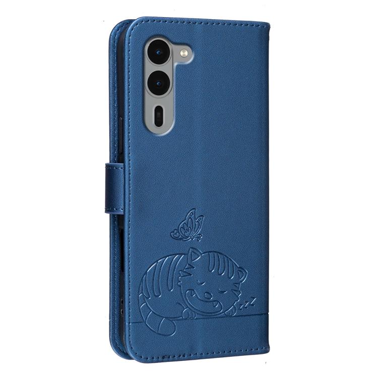 For Fujitsu Arrows We2 Plus / F-51E Cat Butterfly Embossed RFID Vegan Leather Phone Case with Strap