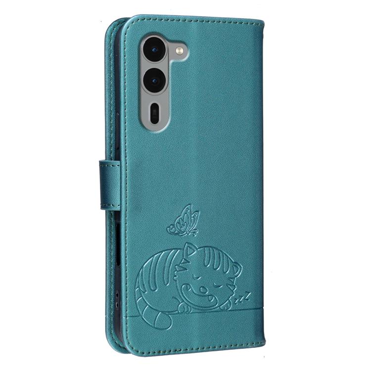 For Fujitsu Arrows We2 Plus / F-51E Cat Butterfly Embossed RFID Vegan Leather Phone Case with Strap