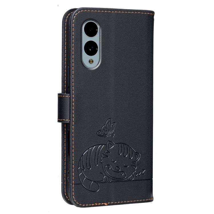 For Fujitsu Arrows We2 / F-52E Cat Butterfly Embossed RFID Vegan Leather Phone Case with Strap