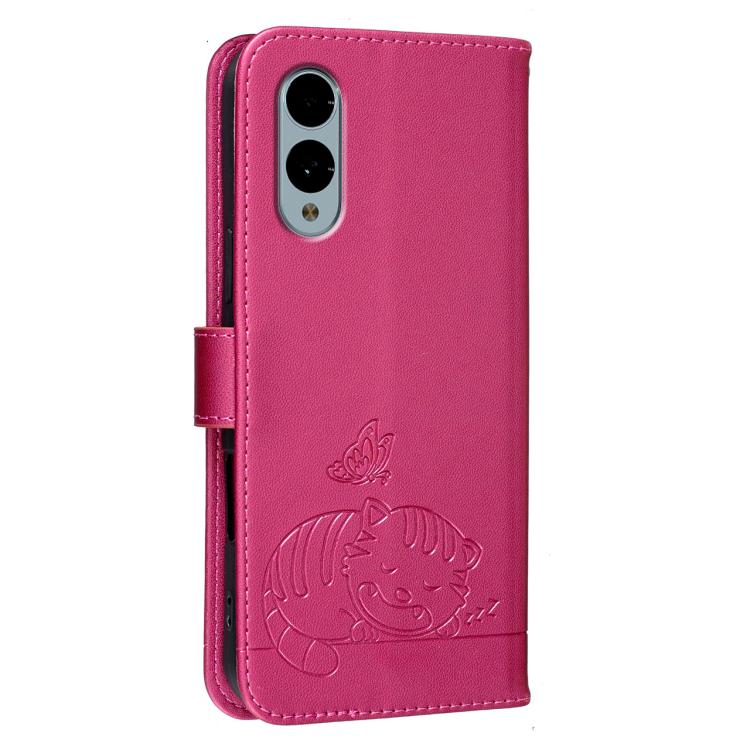 For Fujitsu Arrows We2 / F-52E Cat Butterfly Embossed RFID Vegan Leather Phone Case with Strap