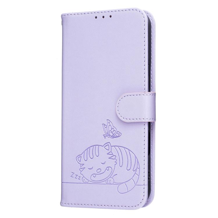For Fujitsu Arrows We2 / F-52E Cat Butterfly Embossed RFID Vegan Leather Phone Case with Strap