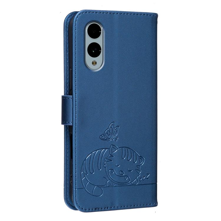 For Fujitsu Arrows We2 / F-52E Cat Butterfly Embossed RFID Vegan Leather Phone Case with Strap