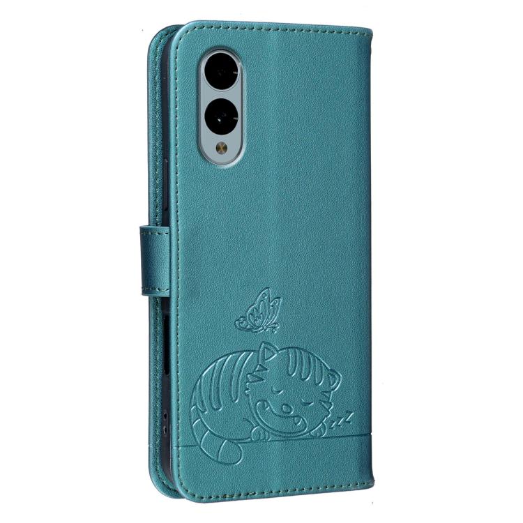 For Fujitsu Arrows We2 / F-52E Cat Butterfly Embossed RFID Vegan Leather Phone Case with Strap