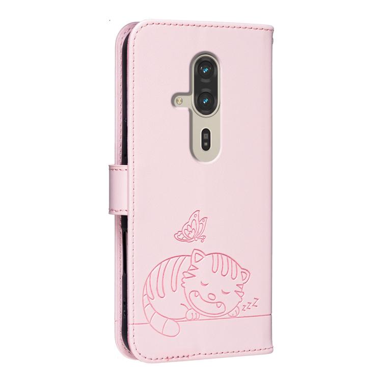 For Fujitsu FCNT Rakuraku F-53E Cat Butterfly Embossed RFID Vegan Leather Phone Case with Strap