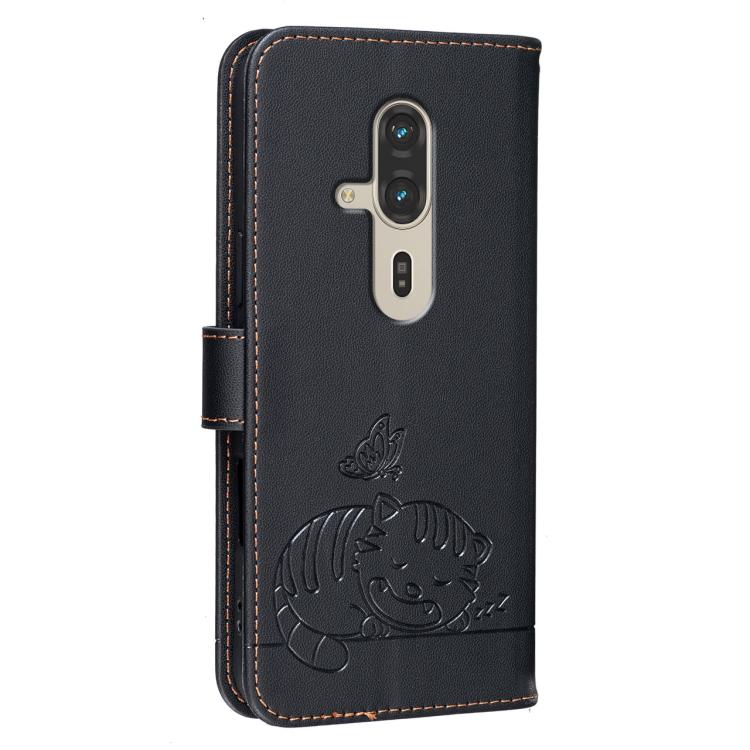 For Fujitsu FCNT Rakuraku F-53E Cat Butterfly Embossed RFID Vegan Leather Phone Case with Strap