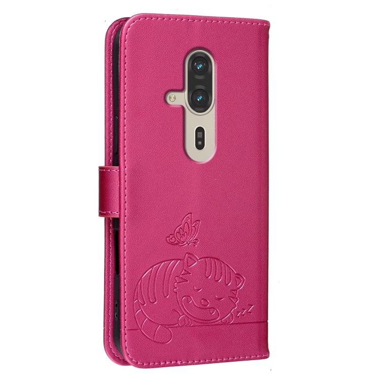For Fujitsu FCNT Rakuraku F-53E Cat Butterfly Embossed RFID Vegan Leather Phone Case with Strap