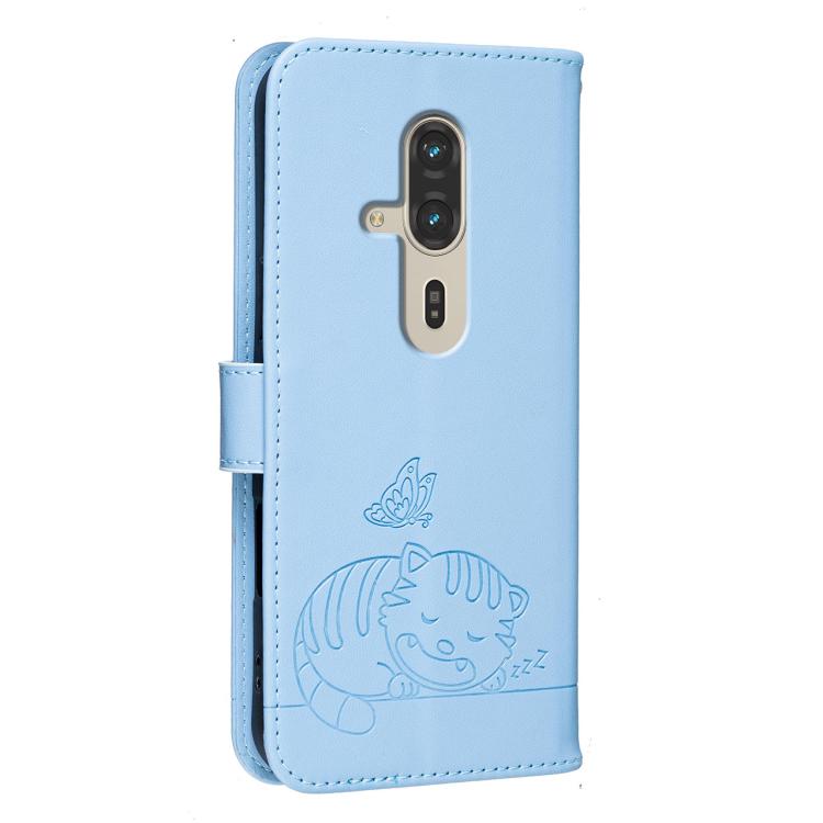 For Fujitsu FCNT Rakuraku F-53E Cat Butterfly Embossed RFID Vegan Leather Phone Case with Strap