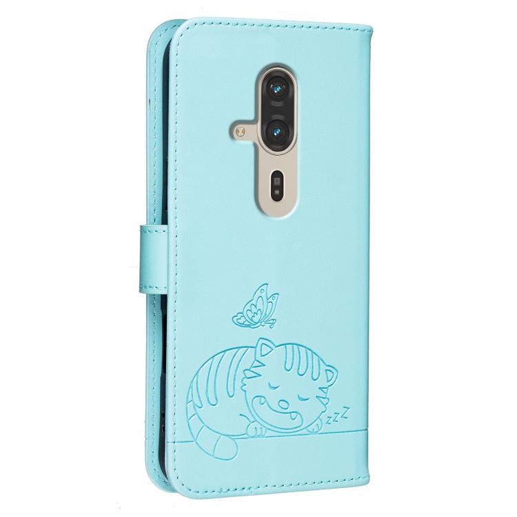 For Fujitsu FCNT Rakuraku F-53E Cat Butterfly Embossed RFID Vegan Leather Phone Case with Strap