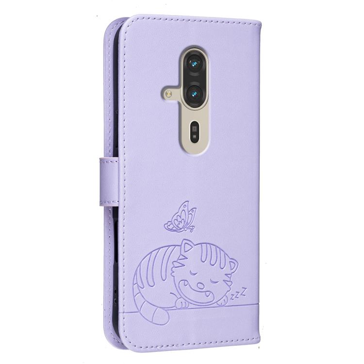 For Fujitsu FCNT Rakuraku F-53E Cat Butterfly Embossed RFID Vegan Leather Phone Case with Strap