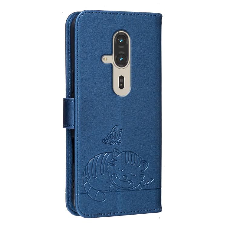 For Fujitsu FCNT Rakuraku F-53E Cat Butterfly Embossed RFID Vegan Leather Phone Case with Strap
