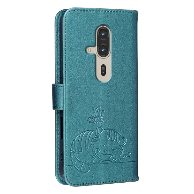 For Fujitsu FCNT Rakuraku F-53E Cat Butterfly Embossed RFID Vegan Leather Phone Case with Strap