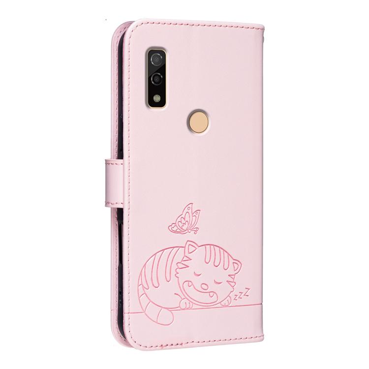 For Fujitsu Arrows We3 Cat Butterfly Embossed RFID Vegan Leather Phone Case with Strap