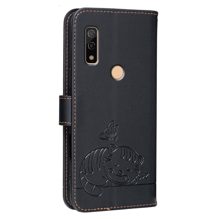 For Fujitsu Arrows We3 Cat Butterfly Embossed RFID Vegan Leather Phone Case with Strap