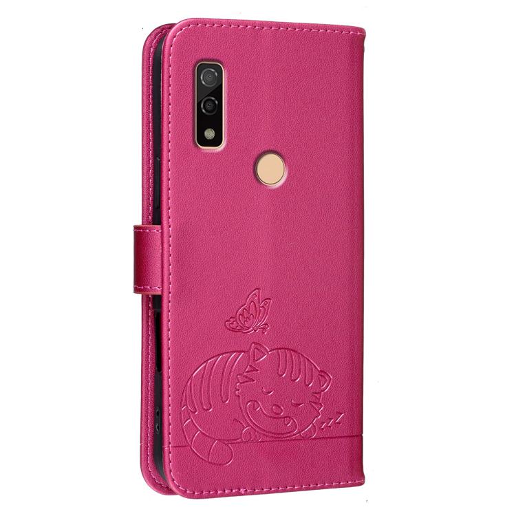 For Fujitsu Arrows We3 Cat Butterfly Embossed RFID Vegan Leather Phone Case with Strap