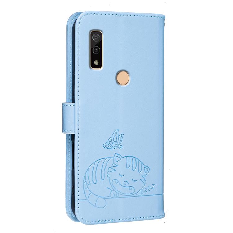 For Fujitsu Arrows We3 Cat Butterfly Embossed RFID Vegan Leather Phone Case with Strap