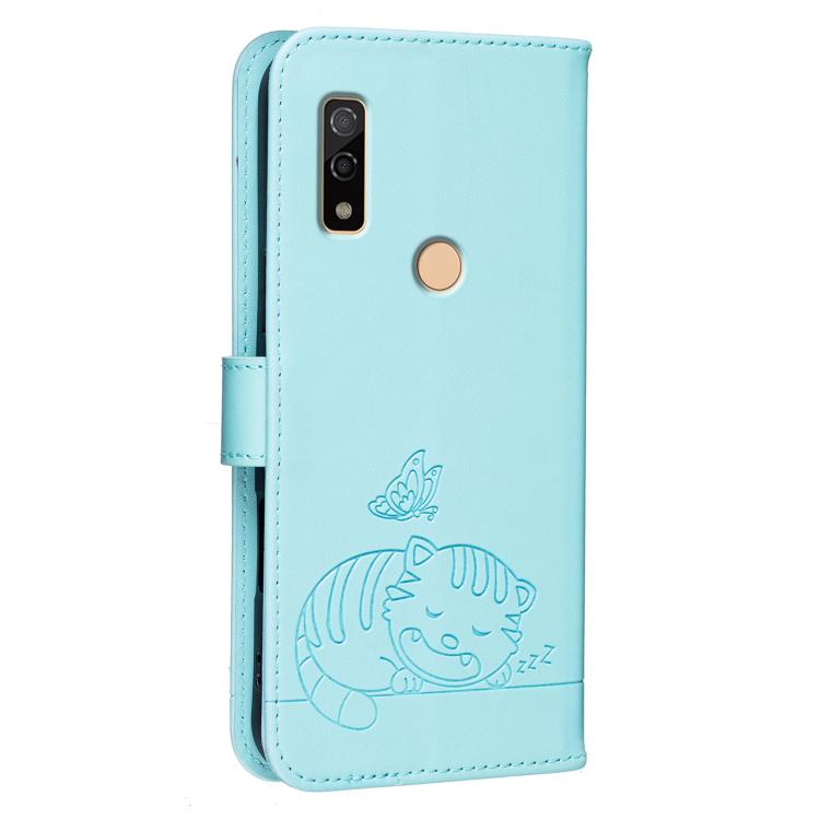 For Fujitsu Arrows We3 Cat Butterfly Embossed RFID Vegan Leather Phone Case with Strap