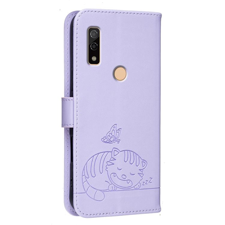 For Fujitsu Arrows We3 Cat Butterfly Embossed RFID Vegan Leather Phone Case with Strap
