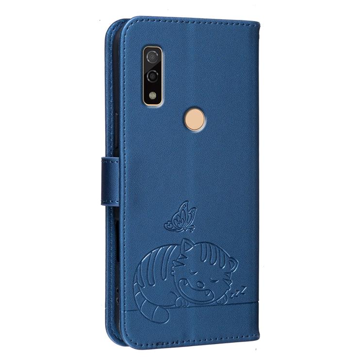 For Fujitsu Arrows We3 Cat Butterfly Embossed RFID Vegan Leather Phone Case with Strap