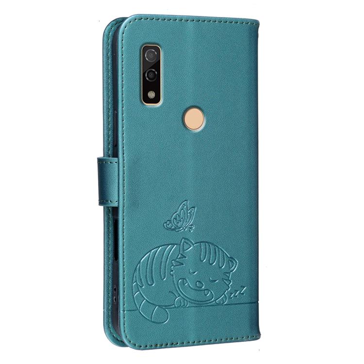 For Fujitsu Arrows We3 Cat Butterfly Embossed RFID Vegan Leather Phone Case with Strap