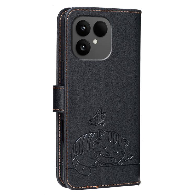 For Fairphone 6 Cat Butterfly Embossed RFID Vegan Leather Phone Case with Strap