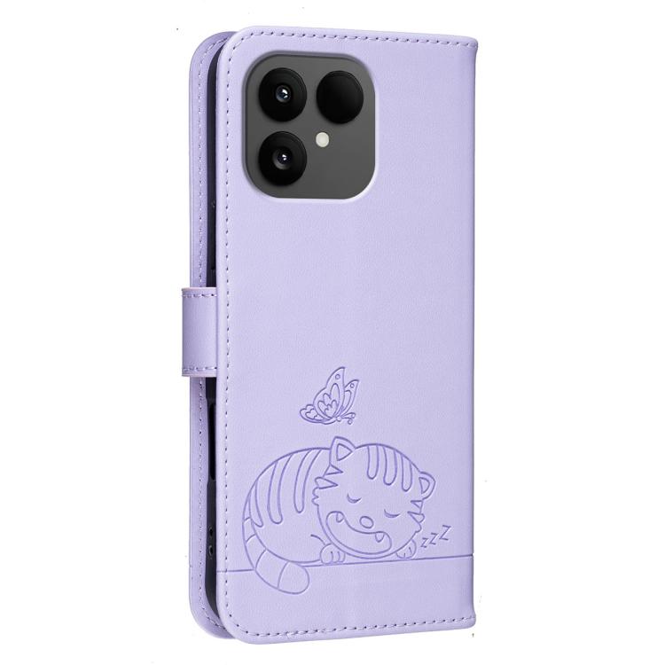 For Fairphone 6 Cat Butterfly Embossed RFID Vegan Leather Phone Case with Strap