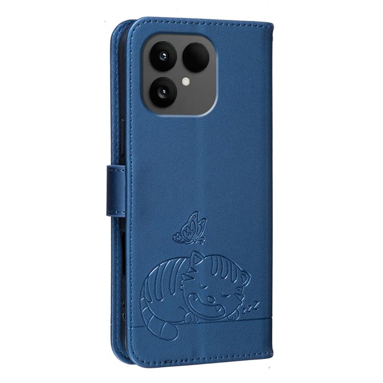 For Fairphone 6 Cat Butterfly Embossed RFID Vegan Leather Phone Case with Strap