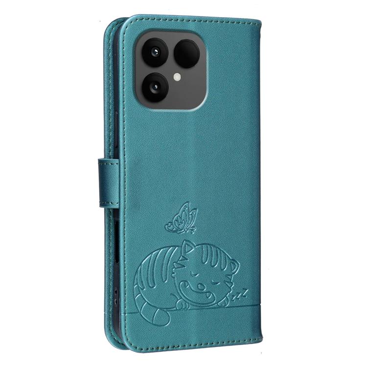 For Fairphone 6 Cat Butterfly Embossed RFID Vegan Leather Phone Case with Strap