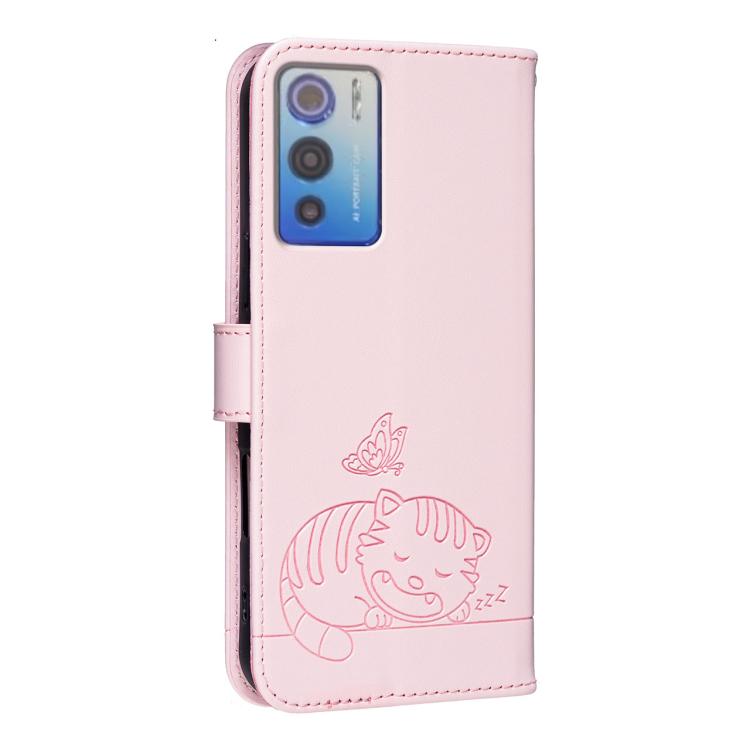 For DOOGEE N60 Pro Cat Butterfly Embossed RFID Vegan Leather Phone Case with Strap