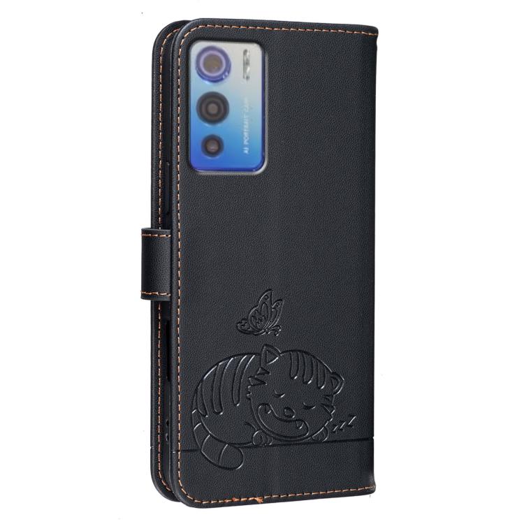 For DOOGEE N60 Pro Cat Butterfly Embossed RFID Vegan Leather Phone Case with Strap