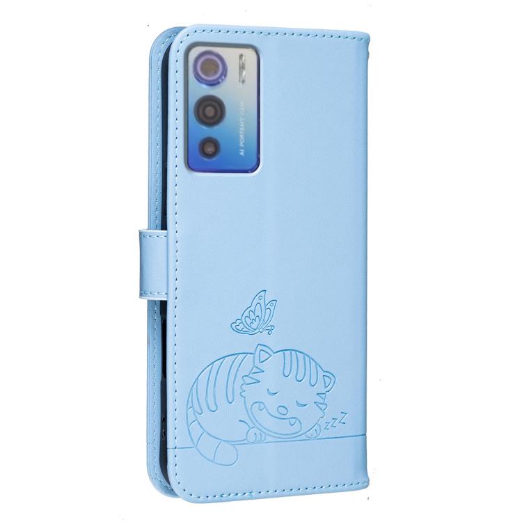 For DOOGEE N60 Pro Cat Butterfly Embossed RFID Vegan Leather Phone Case with Strap