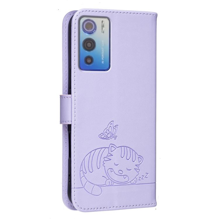 For DOOGEE N60 Pro Cat Butterfly Embossed RFID Vegan Leather Phone Case with Strap