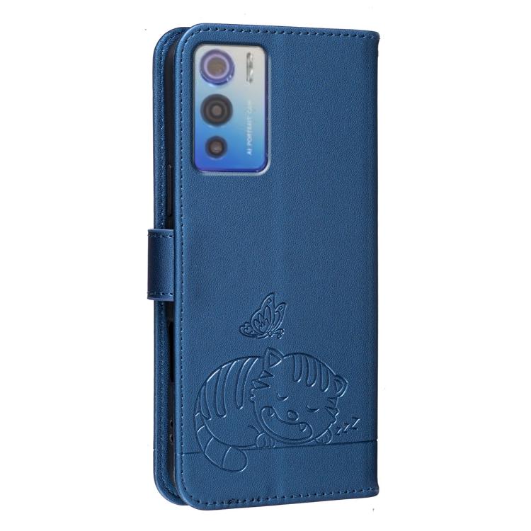 For DOOGEE N60 Pro Cat Butterfly Embossed RFID Vegan Leather Phone Case with Strap