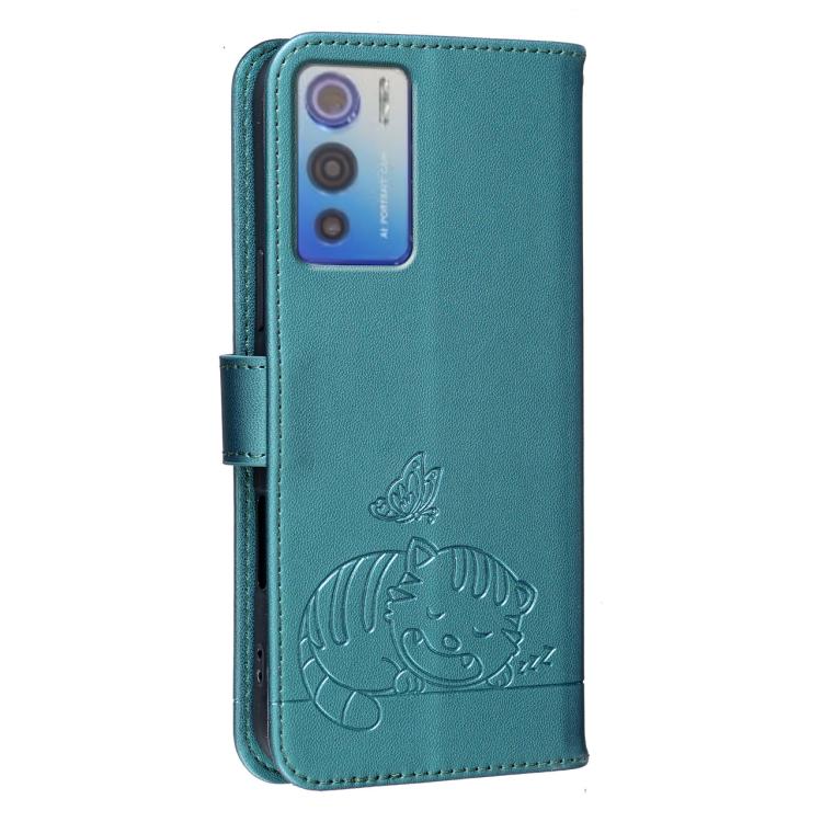 For DOOGEE N60 Pro Cat Butterfly Embossed RFID Vegan Leather Phone Case with Strap