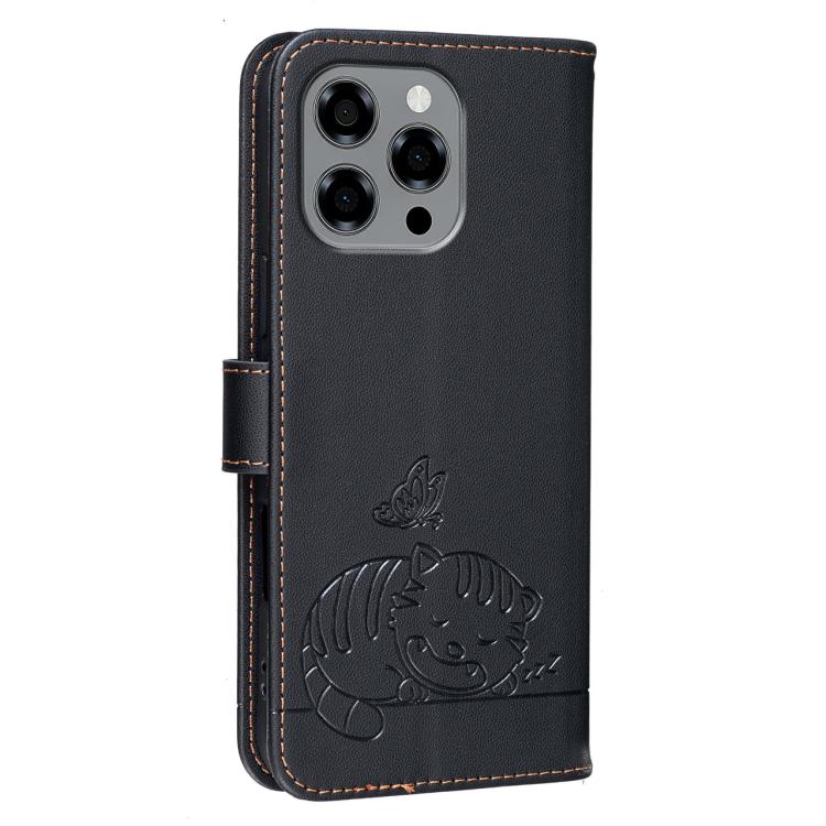 For DOOGEE Note 58 Cat Butterfly Embossed RFID Vegan Leather Phone Case with Strap