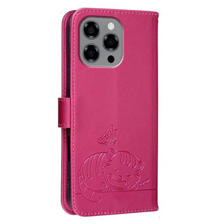 For DOOGEE Note 58 Cat Butterfly Embossed RFID Vegan Leather Phone Case with Strap