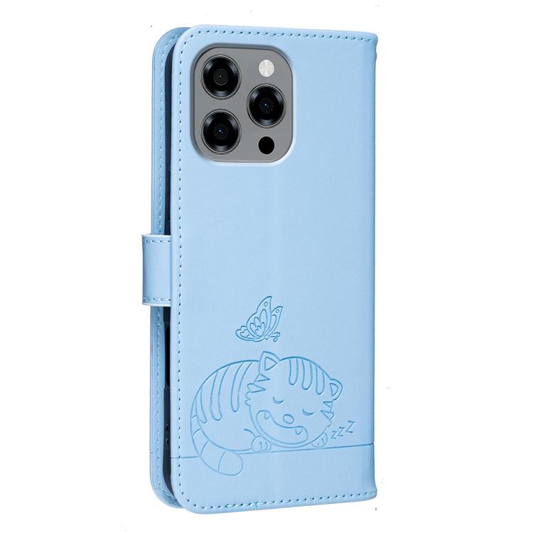 For DOOGEE Note 58 Cat Butterfly Embossed RFID Vegan Leather Phone Case with Strap
