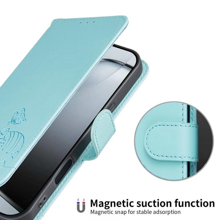 For DOOGEE Note 58 Cat Butterfly Embossed RFID Vegan Leather Phone Case with Strap