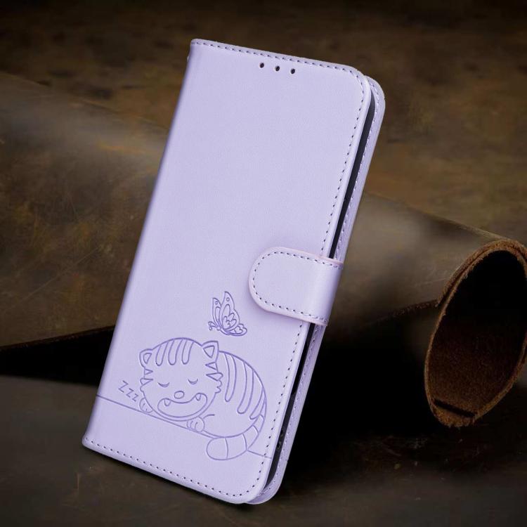 For DOOGEE Note 58 Cat Butterfly Embossed RFID Vegan Leather Phone Case with Strap