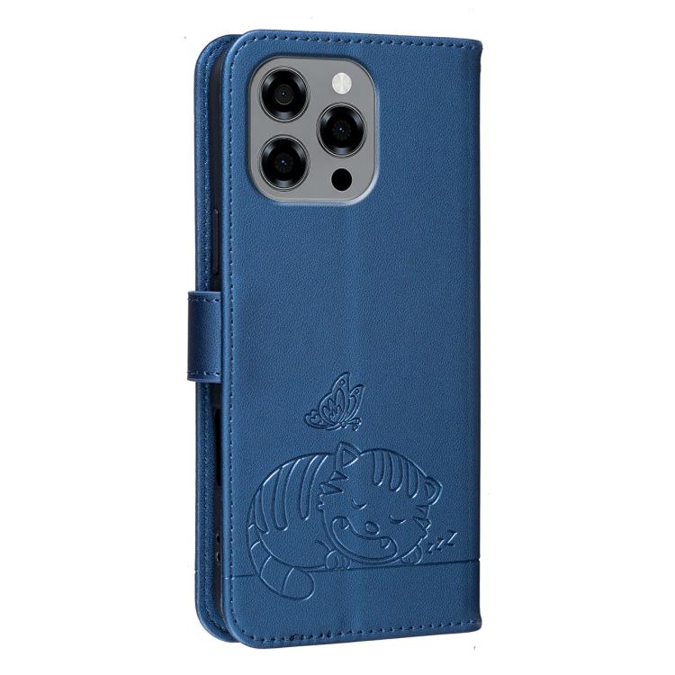 For DOOGEE Note 58 Cat Butterfly Embossed RFID Vegan Leather Phone Case with Strap