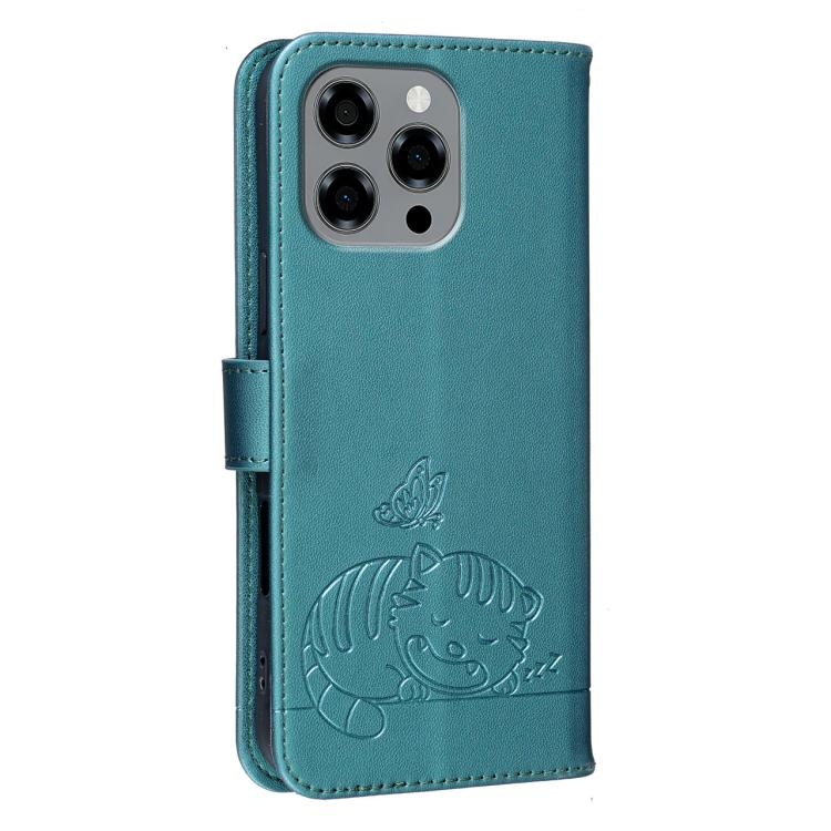 For DOOGEE Note 58 Cat Butterfly Embossed RFID Vegan Leather Phone Case with Strap