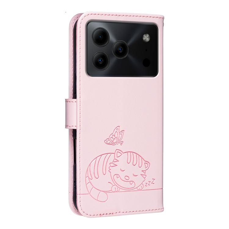 For DOOGEE Note 56 Cat Butterfly Embossed RFID Vegan Leather Phone Case with Strap